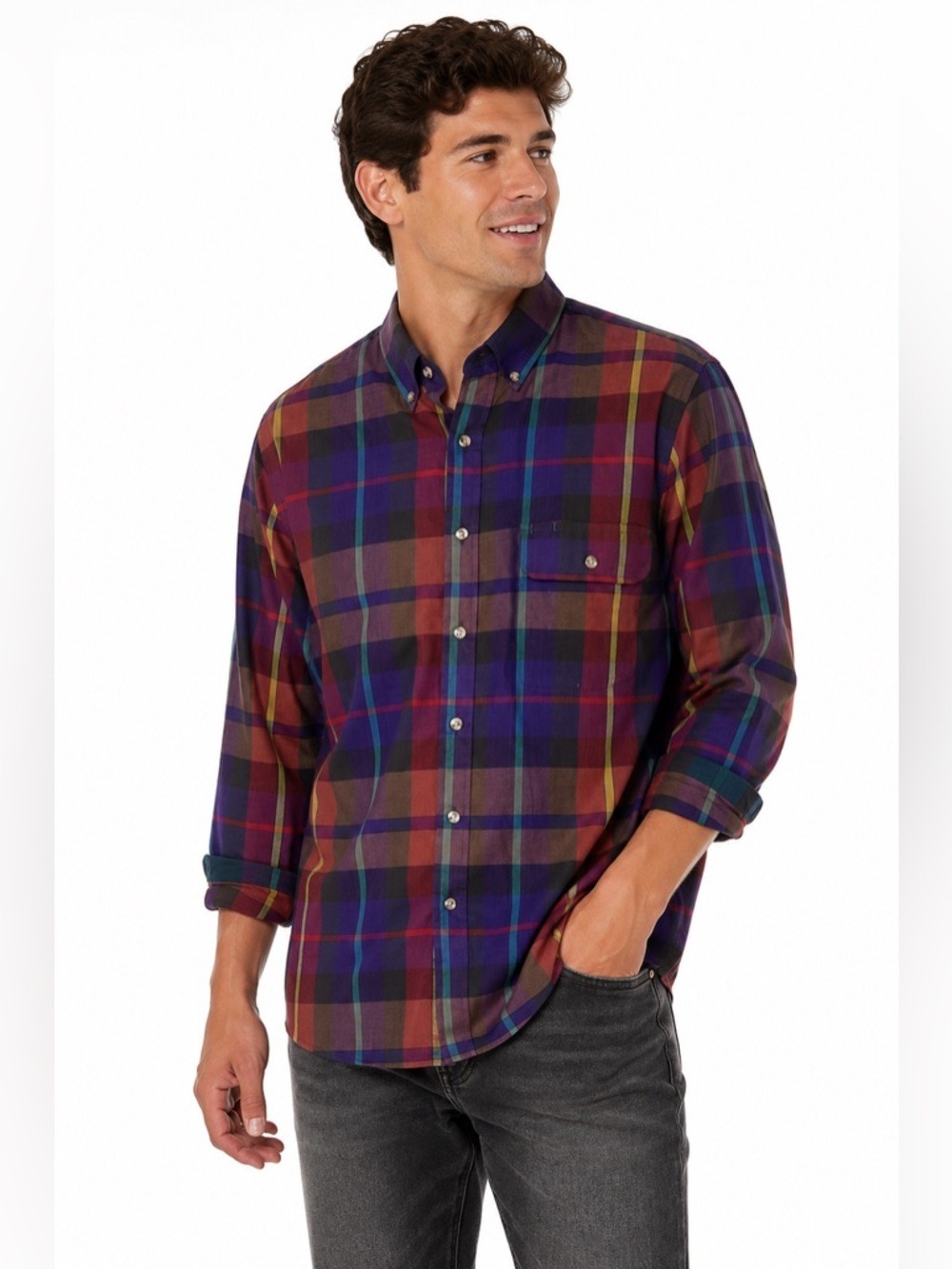 Navigator 100% Cotton Plaid Long Sleeved Casual Button Down Shirt Size Large